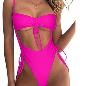 Neon Pink Sexy High Waisted One Piece Swimwear M/L